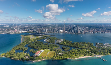 aerial image of Toronto waterfront looking north over the Toronto Islands