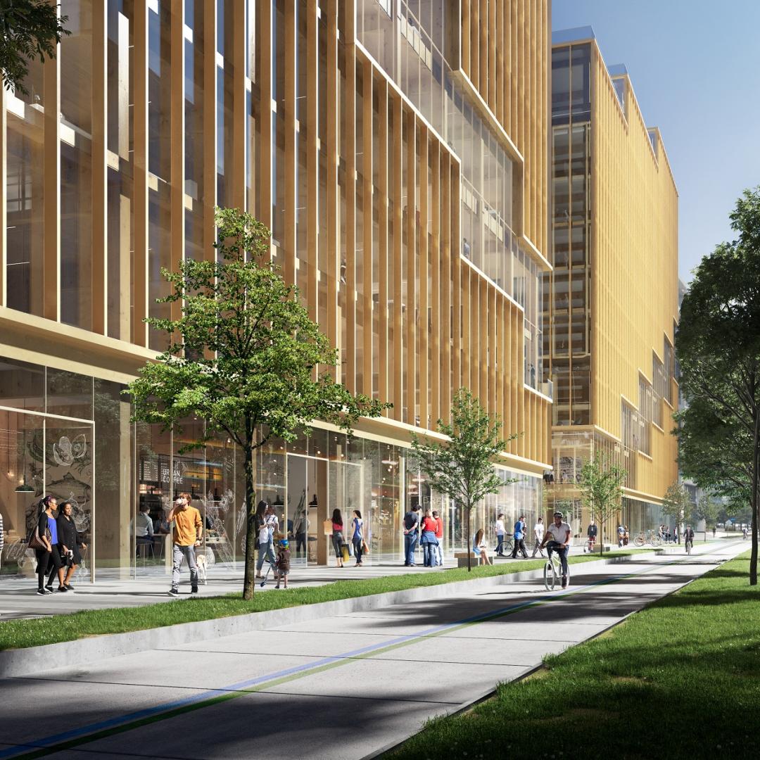 artist rendering of T3 showing the streetscape and ground floor