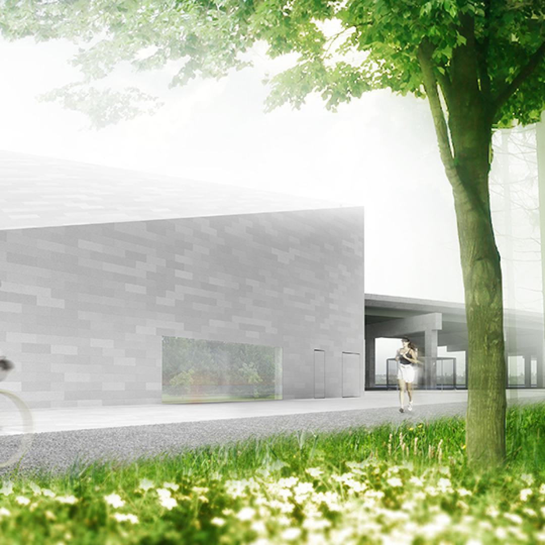 rendering of someone cycling along a trail with a building in the background