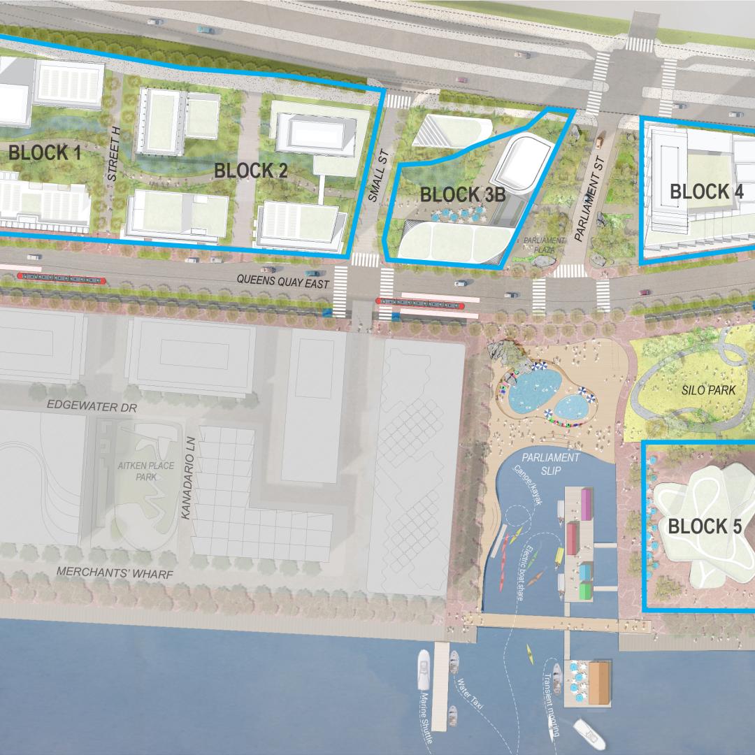 an artistic concept plan that shows the block plans for the Quayside development site