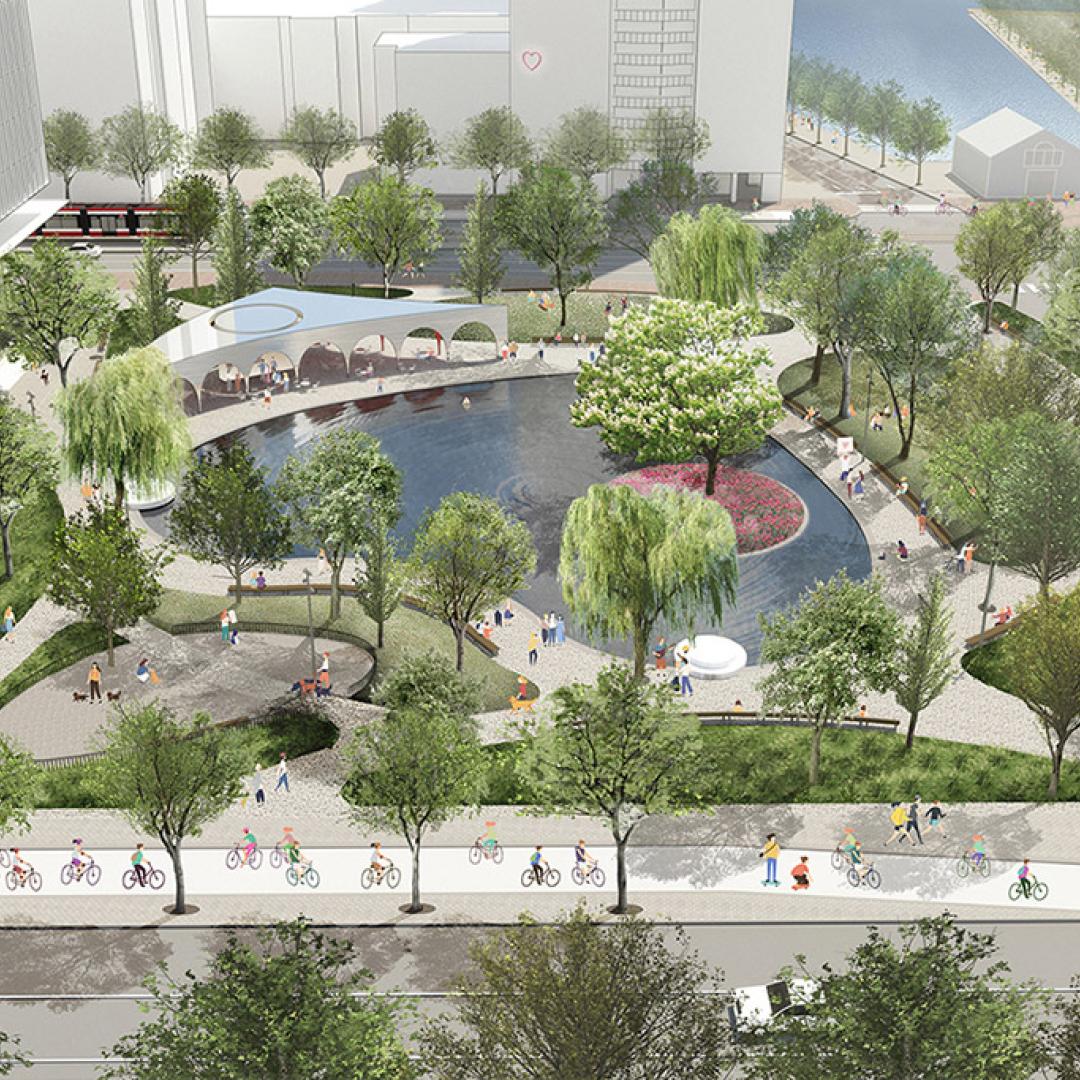 Rendering: a park with a heart-shaped pond surrounded by trees.
