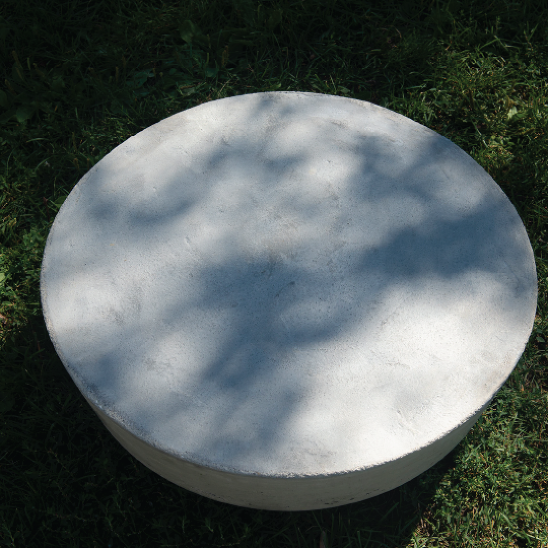 close-up of a circular concrete object lying on grass
