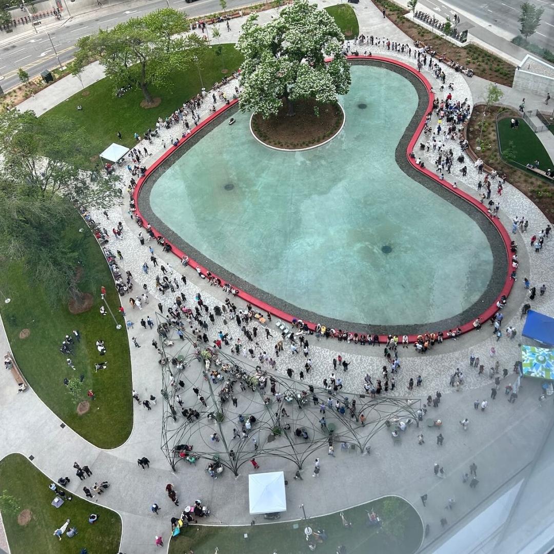 aerial view of a heart shaped pond in a downtown park