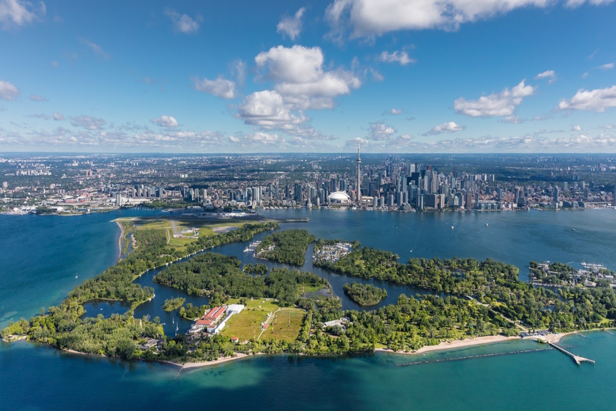aerial image of Toronto waterfront looking north over the Toronto Islands