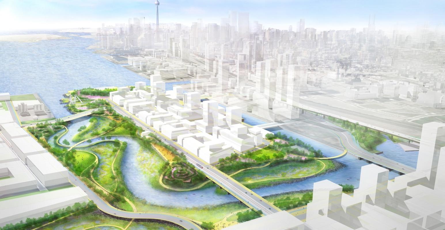 rendering showing plans for the revitalized Port Lands and mouth of the Don River