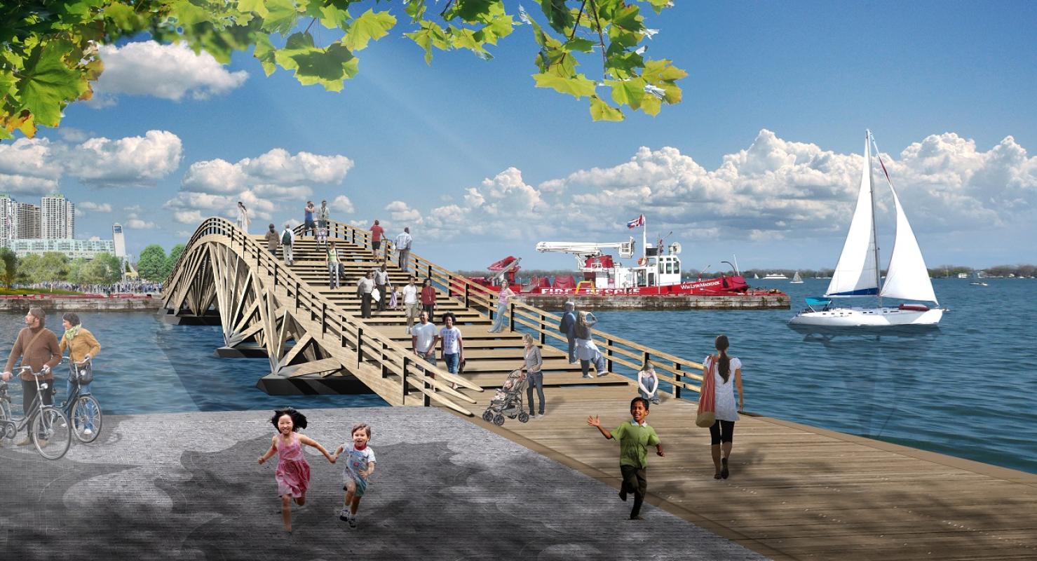artist rendering of a people crossing a footbridge at the water's edge