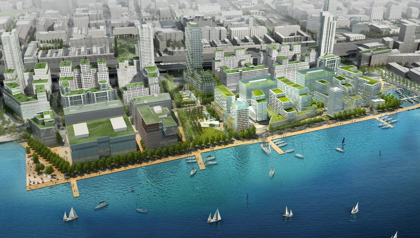 rendered aerial view of the future Toronto waterfront