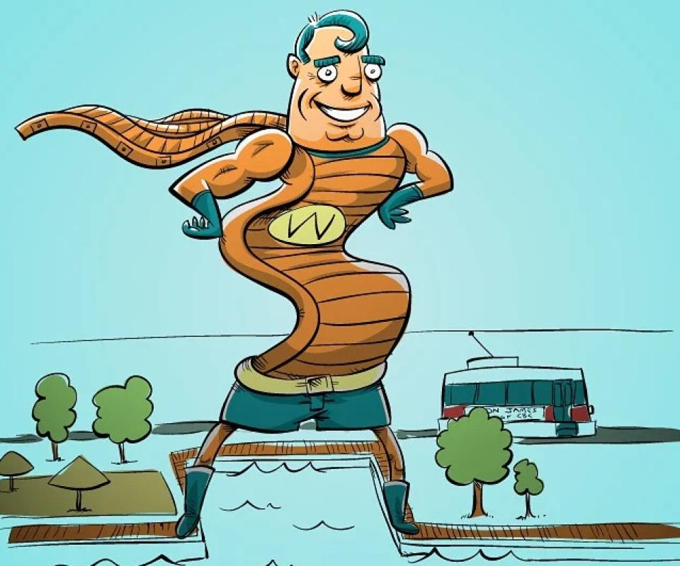 cartoon of a waterfront super hero wrapped in a cape that resembles a wooden boardwalk