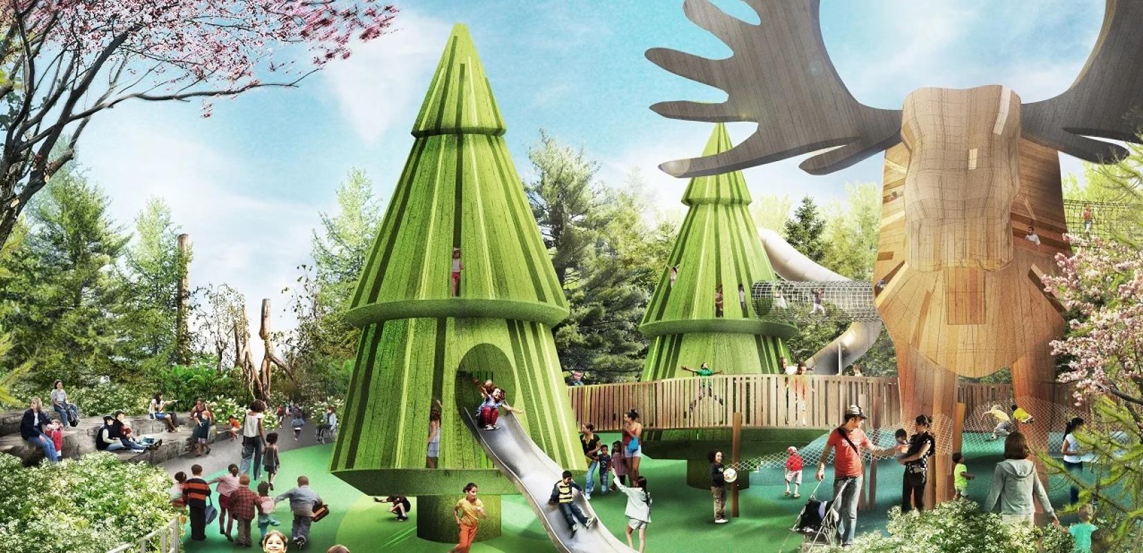 a busy playground and giant moose structures shown in an artist rendering