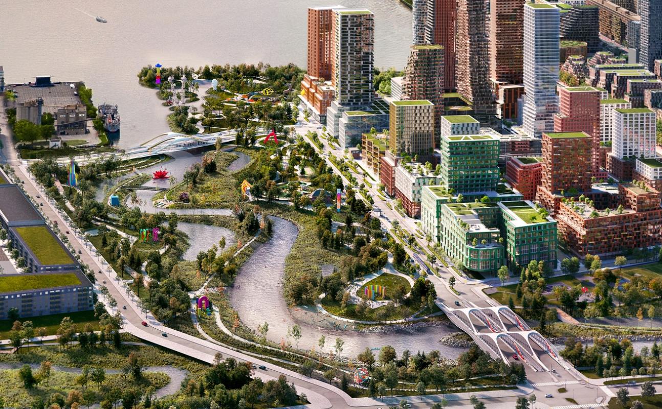 Rendering showing an aerial view of an art trail and urban waterfront.