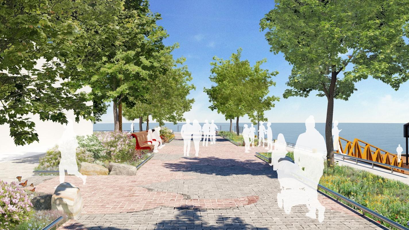 A rendering representing walk way beside a lake with images of people walking around. There are trees surrounding the walk way. 