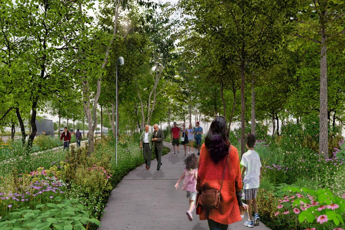 Artist rendering showing people walking along the future Lake Shore Boulevard East.