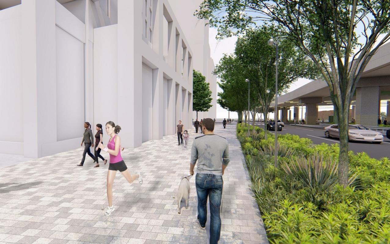 Artist rendering of people walking along a paved sidewalk next to landscaping. 