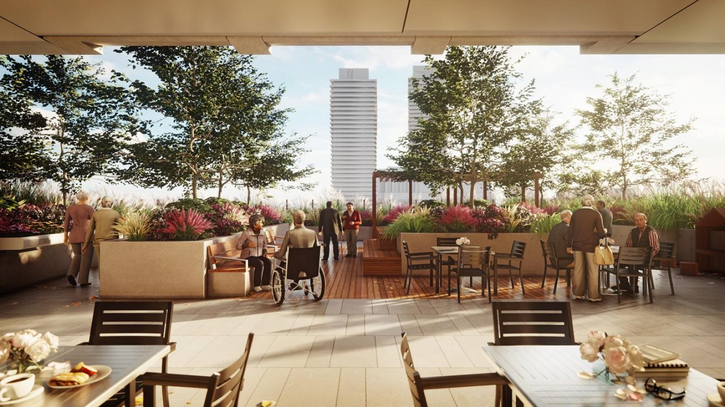 Artist's rendering of future long term health care facility in West Don Lands. A rooftop surrounded by greenery and flowers with skyline in the background as elderly people soak in the sunlight. 