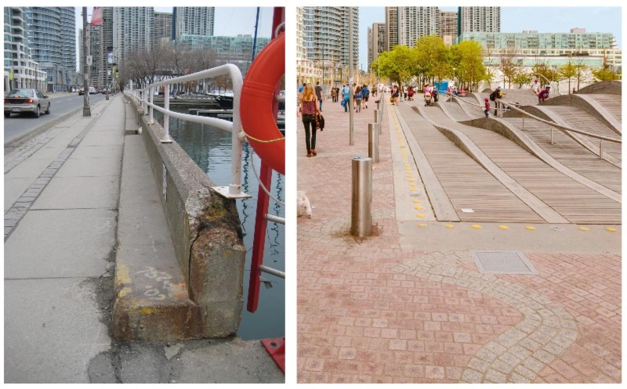 Before - A view of the narrow pedestrian area at the Simcoe Slip in 2008. On the right: After - A view of the Simcoe WaveDeck opened in 2009 and the new widened granite promenade to be fully opened June 2015.