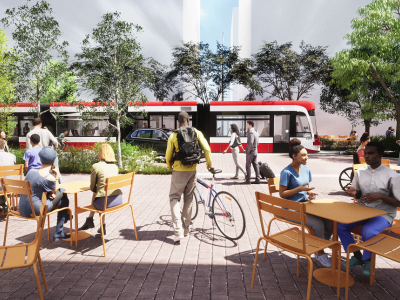 rendering of people sitting at tables outdoors next to a light rail line 