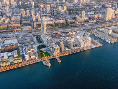 Aerial of Toronto's East Bayfront neighbourhood on the waterfront. 