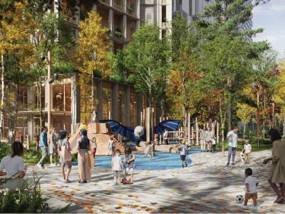 Rendering of a playground surrounded by trees and building in the background. 