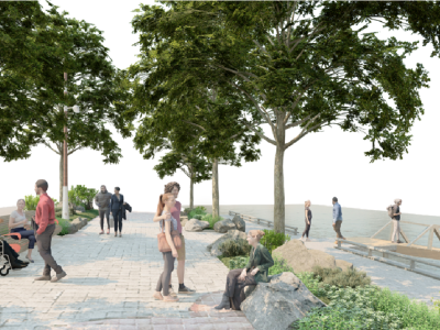 Rendering of people walking along the Water's Edge Promenade