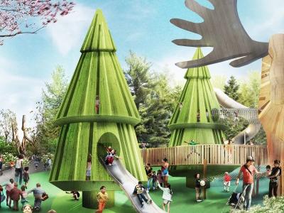 a busy playground and giant moose structures shown in an artist rendering