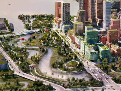 Rendering showing an aerial view of an art trail and urban waterfront.
