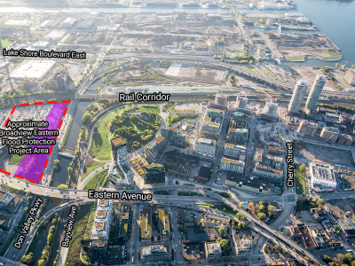 An aerial photo of the project area showing the approximate project boundaries on the east side of the Don River.