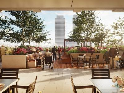 Artist's rendering of future long term health care facility in West Don Lands. A rooftop surrounded by greenery and flowers with skyline in the background as elderly people soak in the sunlight. 