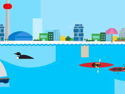 An illustration of Toronto's skyline and Inner Harbour, featuring sailboats, kayaks, a loon, and a fish.