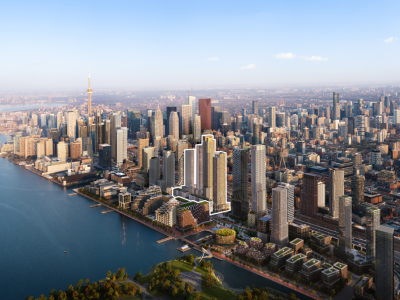 Rendering shows Toronto's downtown skyline along the waterfront on a bright day, highlighting Quayside Phase 1.