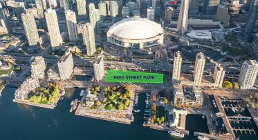 Aerial view of Toronto's waterfront highlighting the location of Rees Street Park