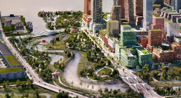 Rendering showing an aerial view of an art trail and urban waterfront.