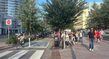 Photograph of street with building in the background and trees in the middle. Cyclist passing through the cyclists lane on the left and pedestrian on the right.