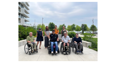 Waterfront Toronto staff and Accessibility Advisory Committee members toured some of our completed East Bayfront projects in 2024 and posed for the camera. Back left to right: Pina Mallozzi (WT), Kasia Gladki (WT), Roman Romanov (AAC), Vail Zerr (WT). Front left to right: Bruce Drewett (AAC), Chris Stigas (AAC), Dan Euser (AAC) Diane Kolin (AAC) Missing: Amanda Karahanas (AAC), Ipek Kabatas (AAC).