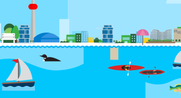 An illustration of Toronto's skyline and Inner Harbour, featuring sailboats, kayaks, a loon, and a fish.