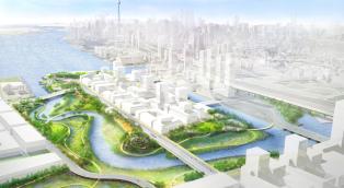 rendering showing plans for the revitalized Port Lands and mouth of the Don River