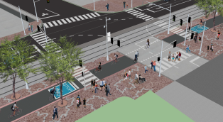 Rendering showing updates to Queens Quay West that will improve interactions between cyclists and pedestrians.